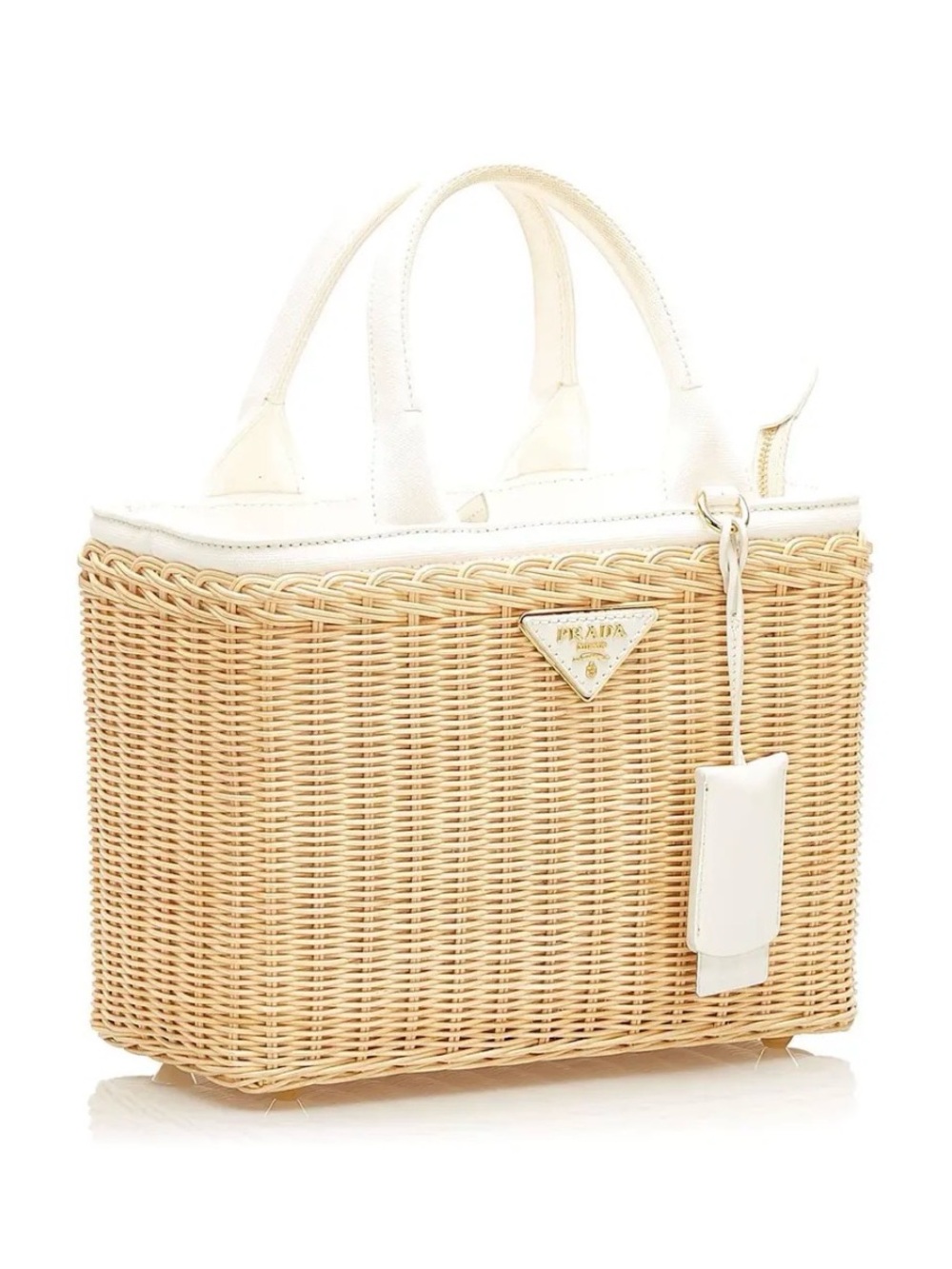 Prada White Leather & Natural Wicker Tote - Picture 3 of 15